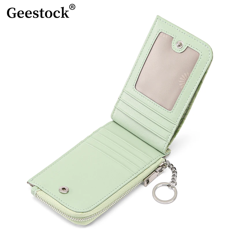 Geestock Zipper Card Bag With Embossed Design Large Capacity Multi Slot Card Sleeve Card Holder Women's Wallet With Key Ring ﻿