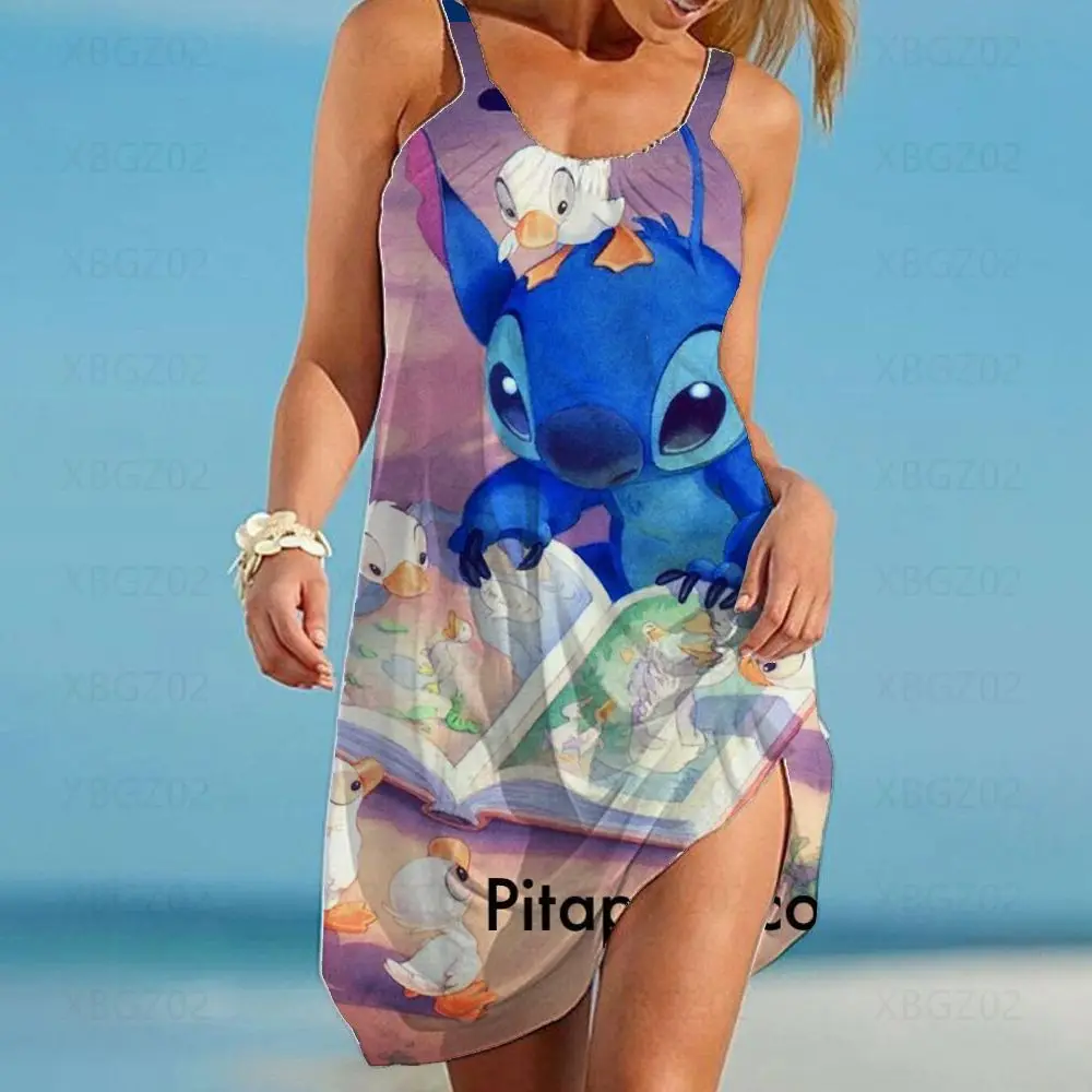 Beach Dress Y2k Loose Elegant Dresses for Women 2024 Party Cartoon Sexy Woman Clothes Robe Stitch Sling Sleeveless Printed Boho