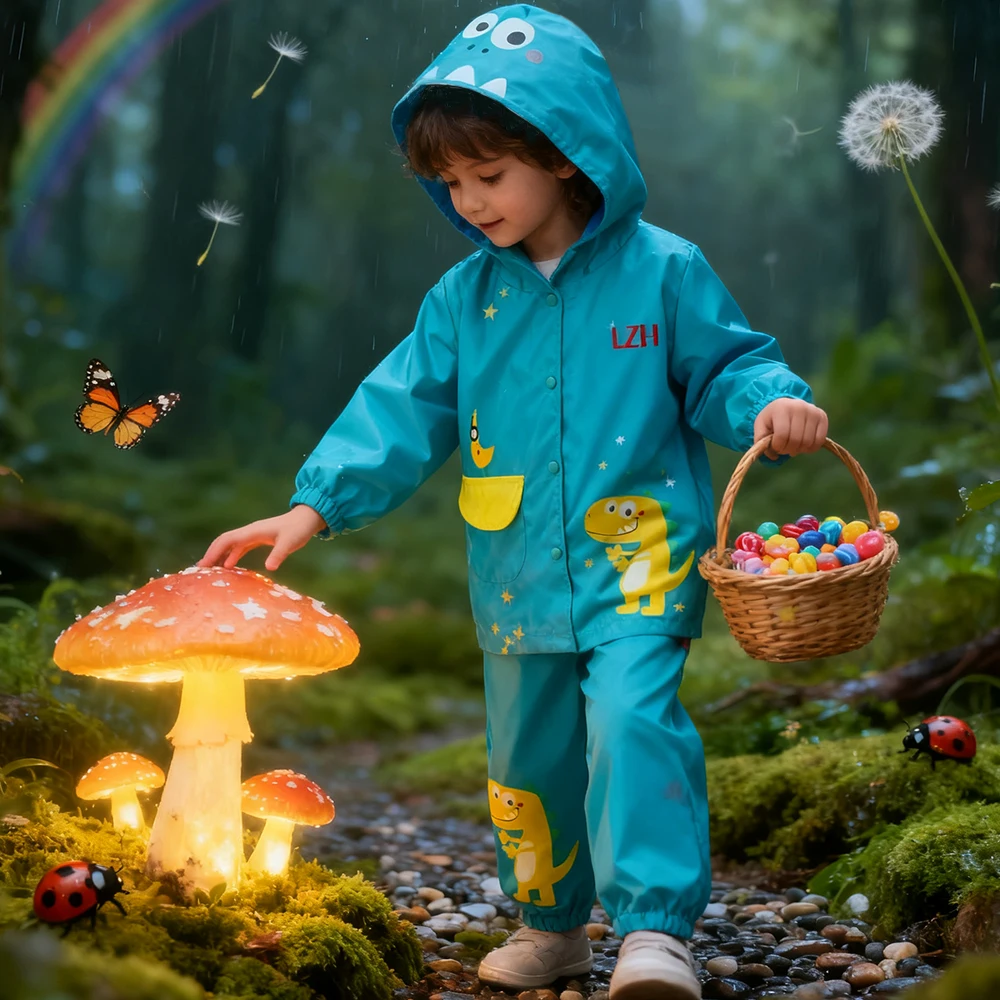

Cartoon Unicorn And Dinosaur Pattern Boys Girls Rainwear Hooded Jacket+Pants Waterproof 2Pcs Sets For Children Outdoor Clothing
