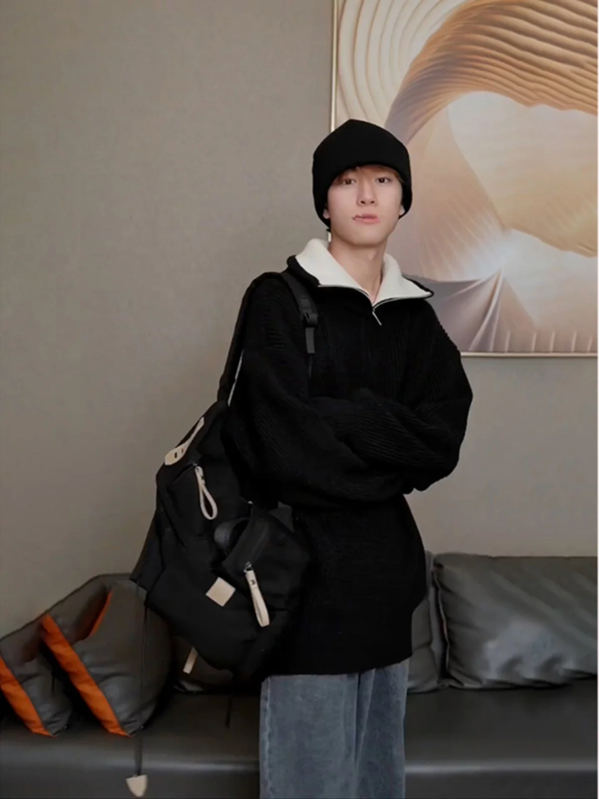 

Мужской вязаный свитер с высоким воротником на молнии, свободный крой, зимний, повседневный, в американском стиле, для пар, верхняя одежда, комфортный