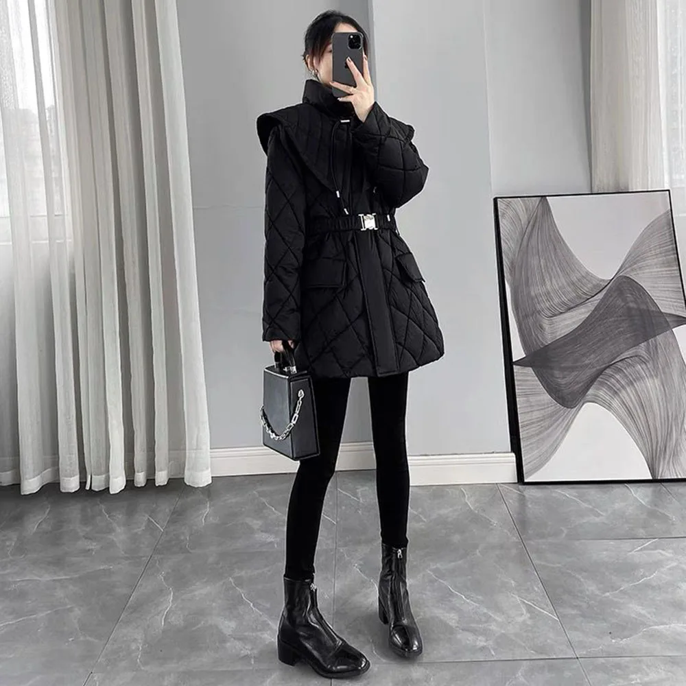 Winter Elegant Stand Collar Parkas Jacket Women Warm Oversized Cotton Padded Jacket Belt Female Vintage Windproof Outerwear Lady