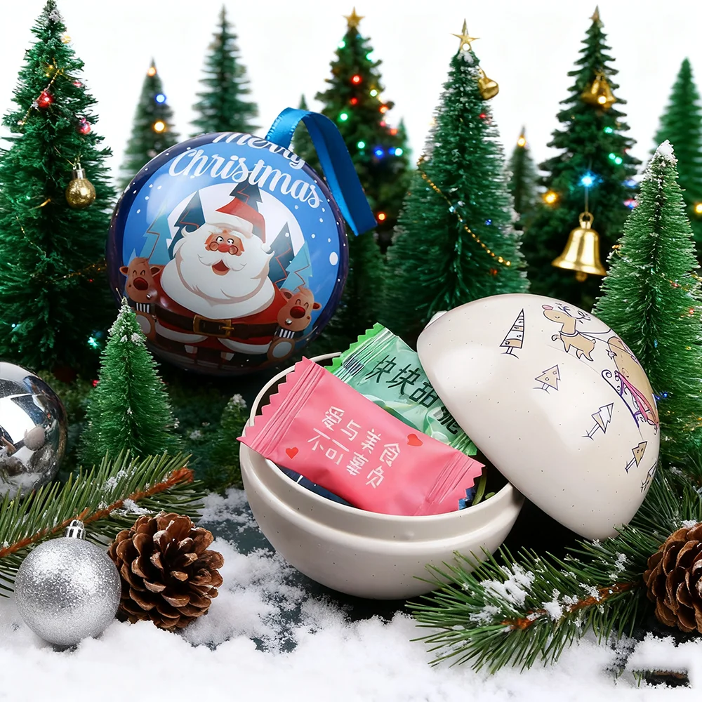 Christmas Round Gift Box Ball Shaped Tinplate Xmas Tree Hanging Pendant Santa Claus Candy Jar New Year Decor Gift Packaging Box