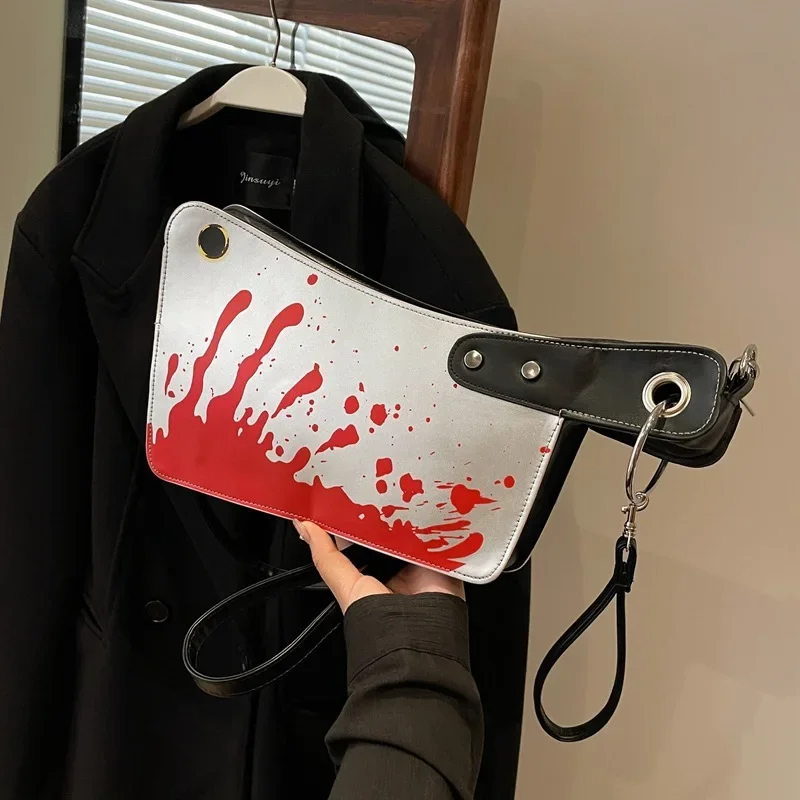 1pcs Fashion Personality Women's Shoulder Bag Knife Shape Bright Red Bloodstain Print Female Messenger Bag for Halloween Party