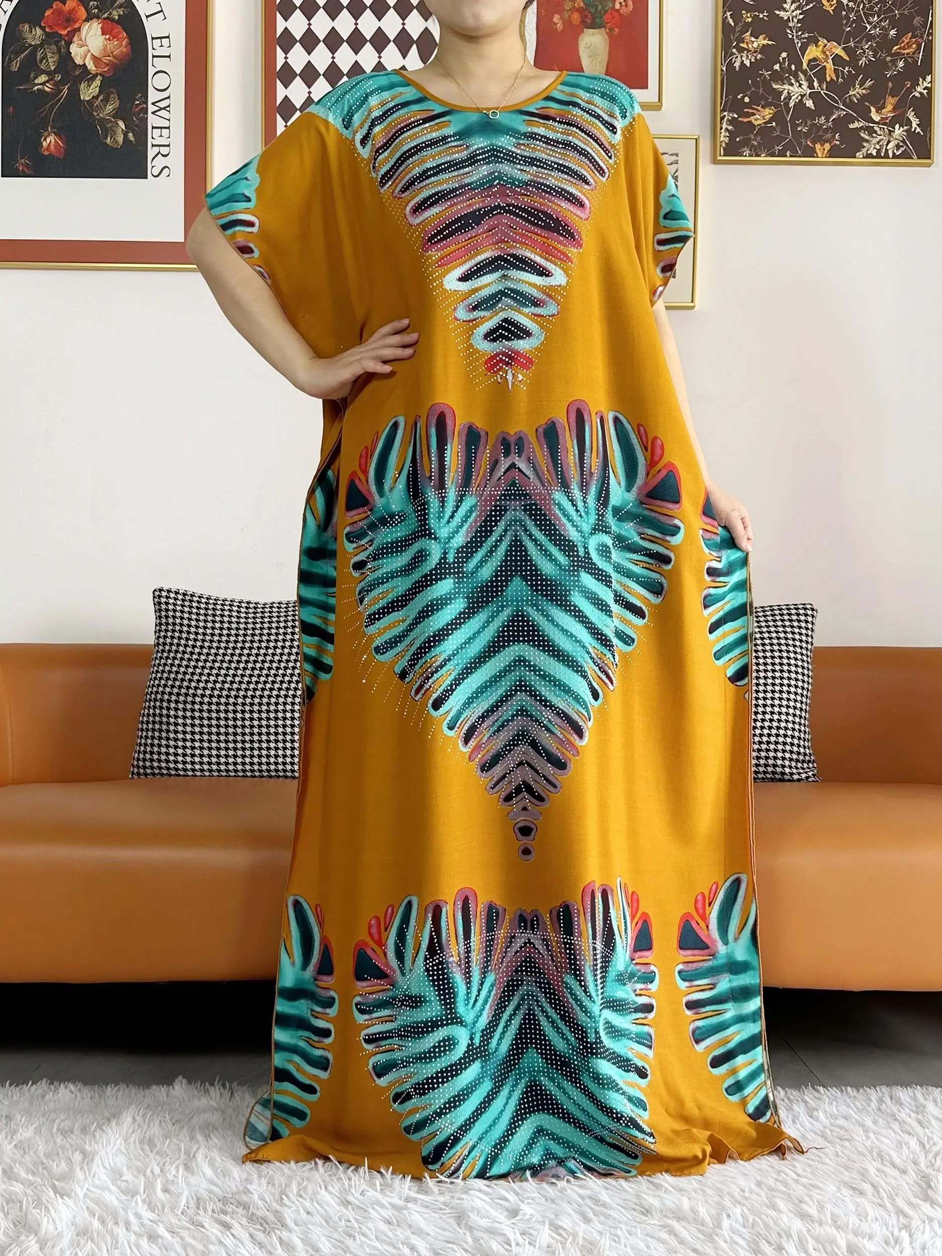 New African Summer Short Sleeve Dashiki Dress with Big Scarf Floral Loose Boubou Maxi Islam Women Casual Dress Africa Clothing