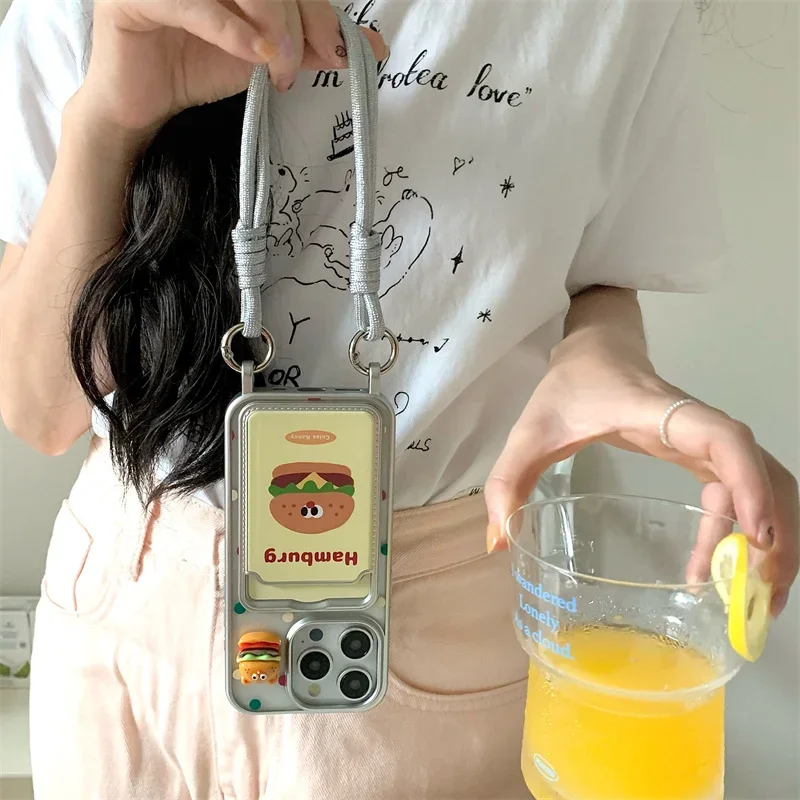 Cute French fries Card Holder Electroplating Phone Case For iPhone 15 Pro 12 14 13 Pro Max 14pro Cover with Hand Strap Cases Fun