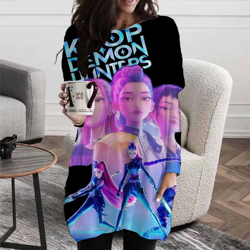 

New large women's long sleeved pocket round neck vest T-shirt Kpop Demon Hunter loose casual fashionable loose women's shirt
