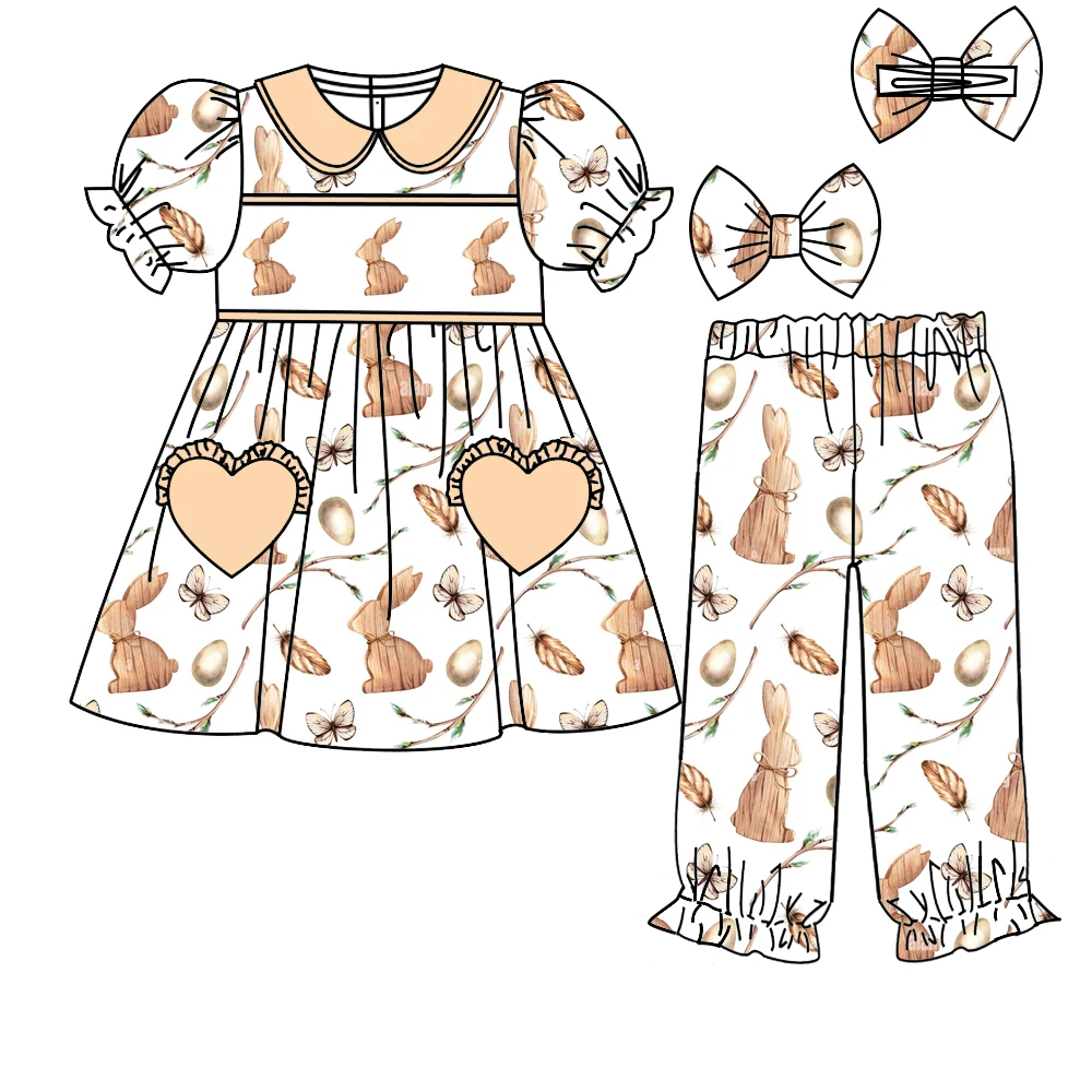 Easter Love Pocket Girls Boys Short Sleeve Pants Rabbit Butterfly Print Set Lapel Pajama Set Boutique Children's Set