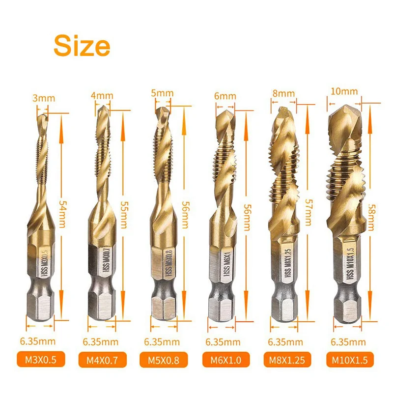 Hex Shank HSS Tap Drill Bit Set, titânio chapeado, rosca, Metric Tap, brocas, torneira composta, 1/4 ", 6pcs