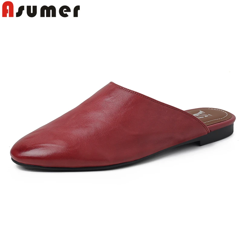 

ASUMER INS Fashion Genuine Leather Mules Women Shoes Round Toe Flat Slippers Summer Shoes Outside Casual Flats Red Black