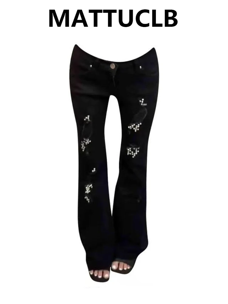 Autumn Winter Women's Low Rise Flare Jean Punk Denim Pants Dark Academia Gothic Embroidery Abi Y2K Japanese Harajuku Bell Bottom