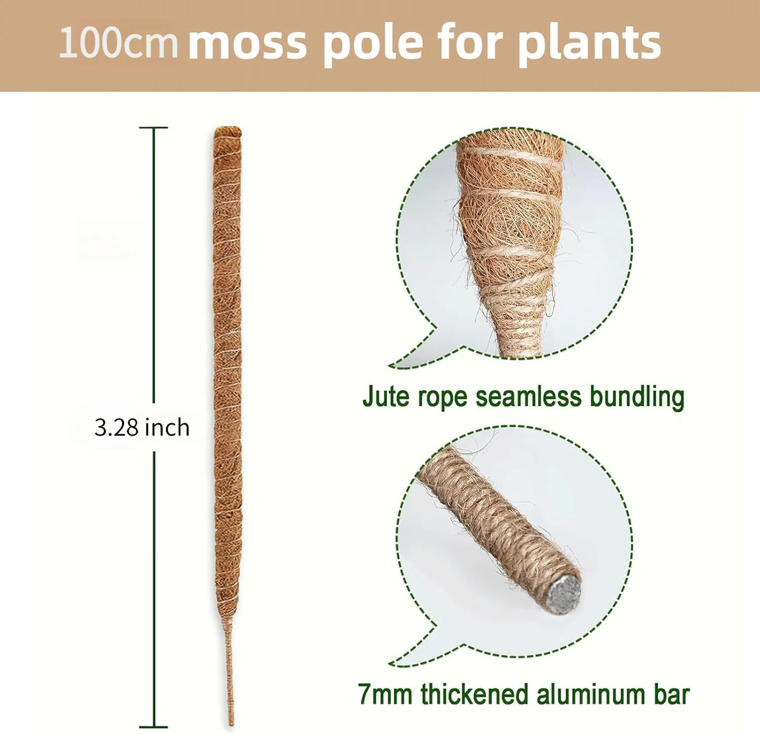 100cm Freely Bendable Coir Moss Pole Handmade Plant Support Stakes DIY Shaping Flexible Gardening Stem for Monstera Pothos Climbing Potted Plants