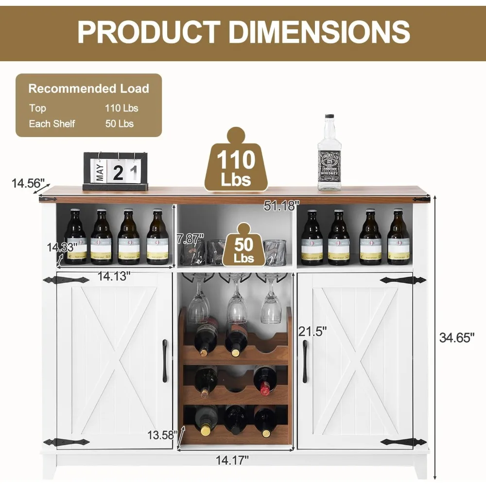 Mueble para bar de vinos de granja, mueble tipo buffet con 51 aparadores con botellero desmontable y 3 compartimentos de almacenamiento abiertos,