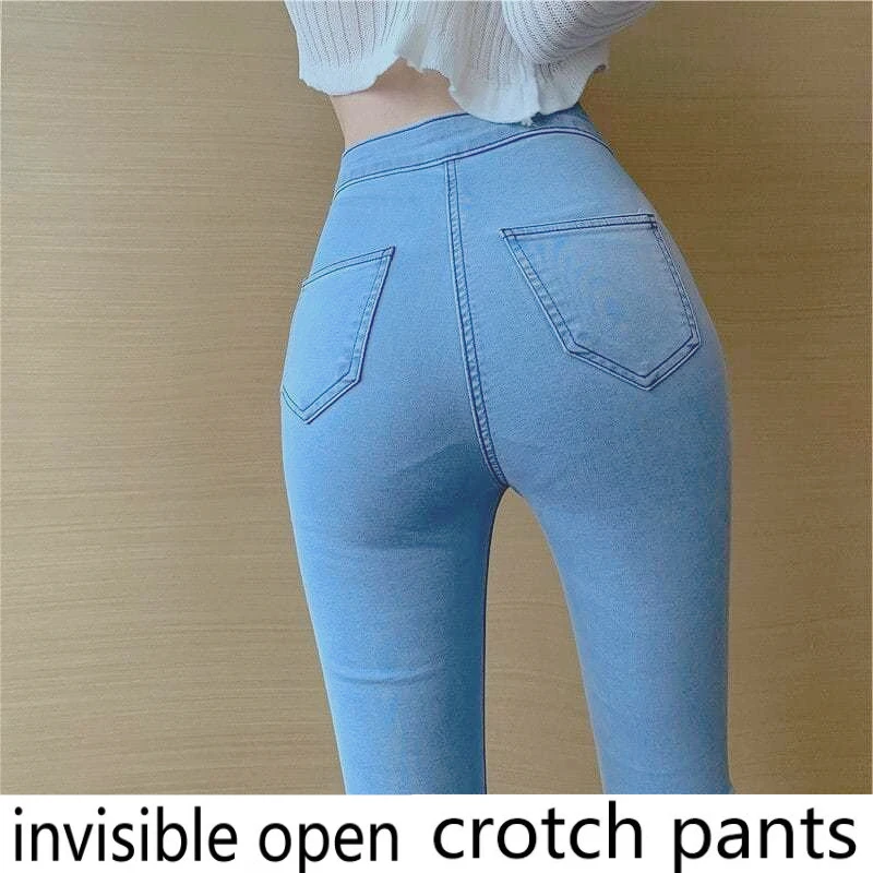 

Невидимые брюки с шаговым швом, джинсы с высокой талией, поднимающие бедра, женские светло-голубые брюки, без секса, удобная открытая женская одежда