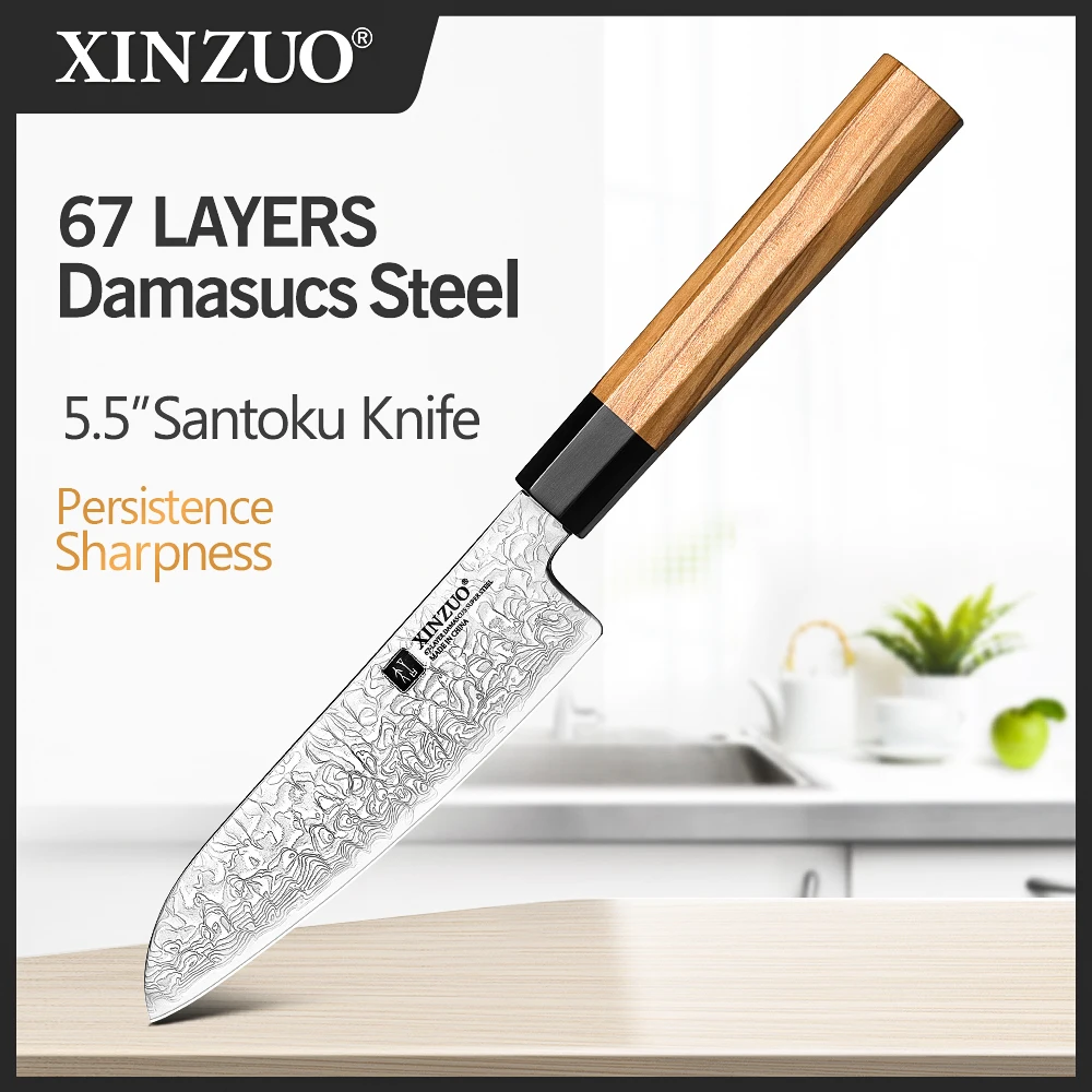 

XINZUO 5.5" in Santoku Knife Custom 67 Layers Damascus Steel 10Cr15CoMoV Steel Kitchen Knive With Japanese Style Octagona Handle