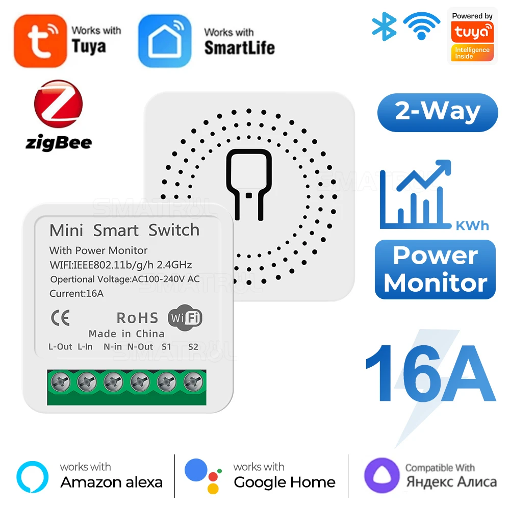 Tuya ZigBee WiFi Smart Switch Module with Power Monitor Smart Home 2-Way Control 16A Mini Breaker Voice for Alexa Google Alice