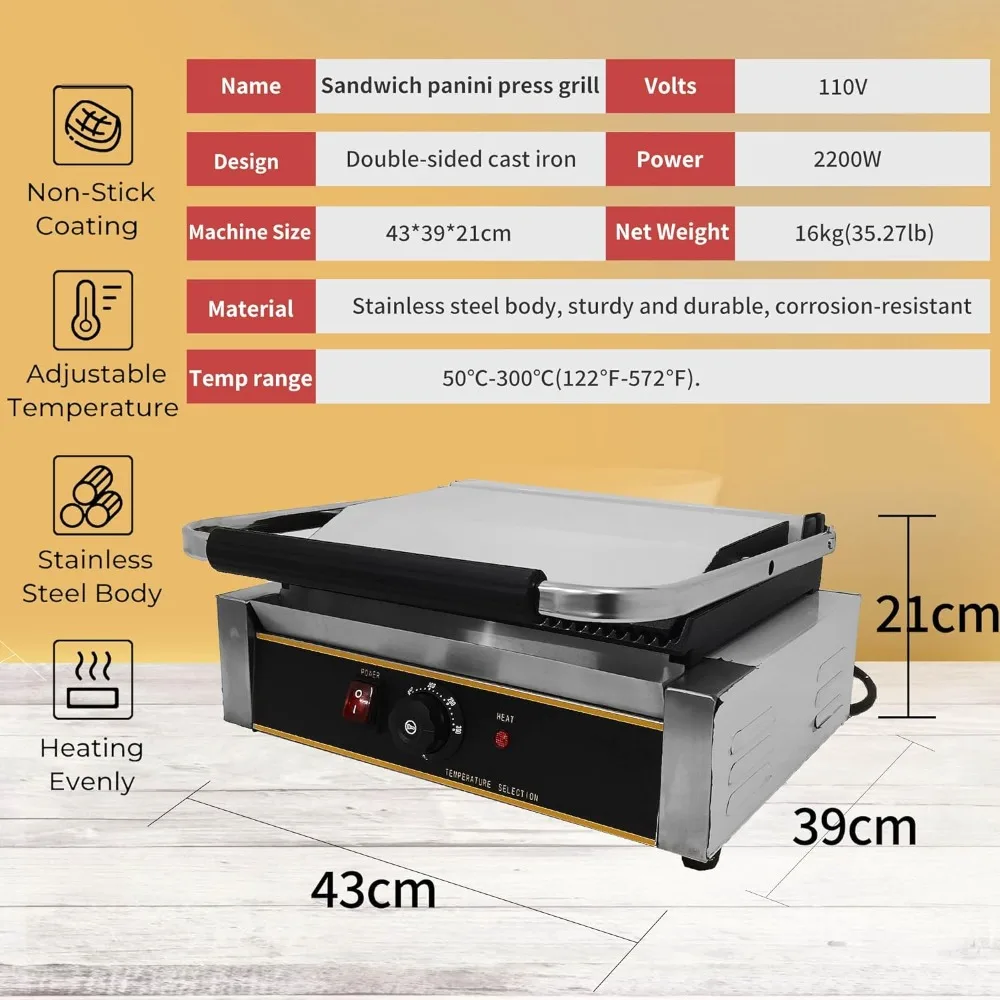 Yovtekc Commercial Panini Press Grill Flat 110V, Electric Stainless Steel Sandwich Panini Maker Non-stick 2200W