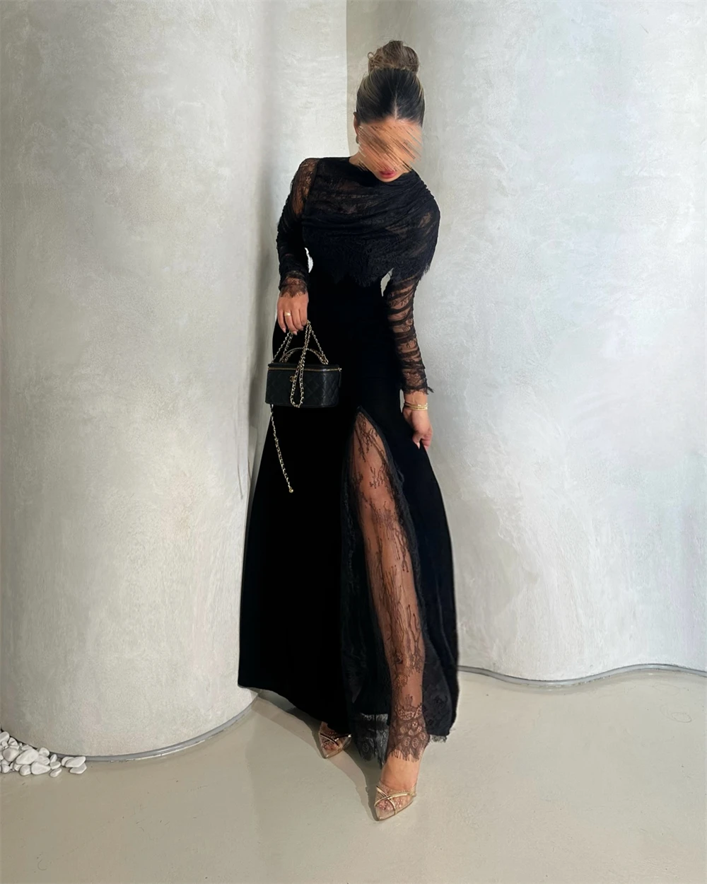 Customized Simple Black Velvet Evening Dress Formal O-Neck Long Sleeves Party Dress Sexy Mermaid Ankle Length Homecoming Dresses