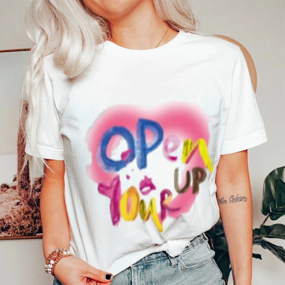 

White Graphic T-Shirt with Open Your Up Colorful Handwritten Letters Pink Heart Design Vibrant Playful Casual Tee for Daily