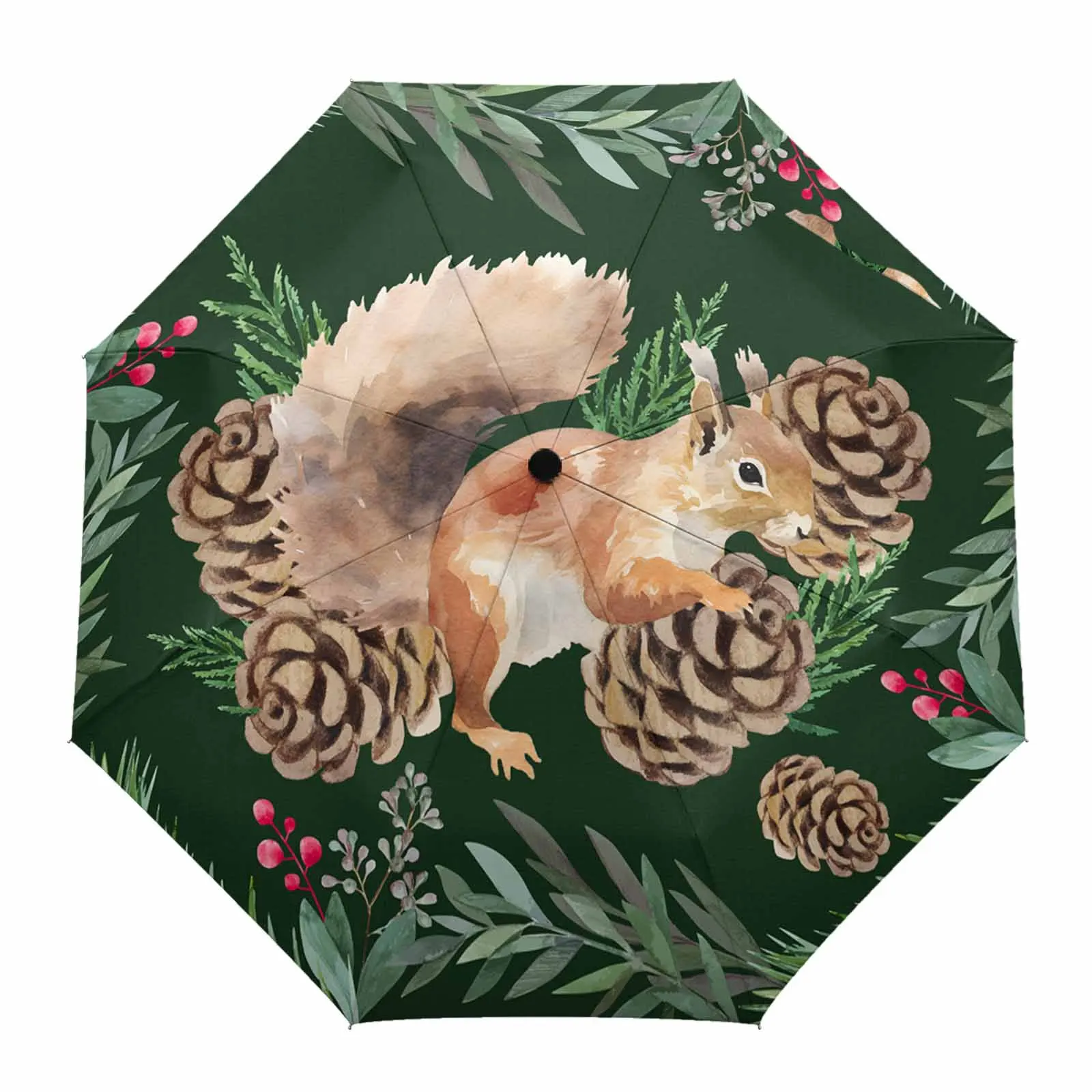 Christmas Plants Pine Needles Berries Squirrels Fully-automatic Umbrella for Outdoor Adults Foldable Eight Strand Umbrella