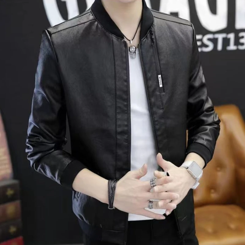 

Insulated Men's PU Leather Jacket Warm Fleece Lined Baseball Collar Slim Fit Winter Coat for Cold Weather​