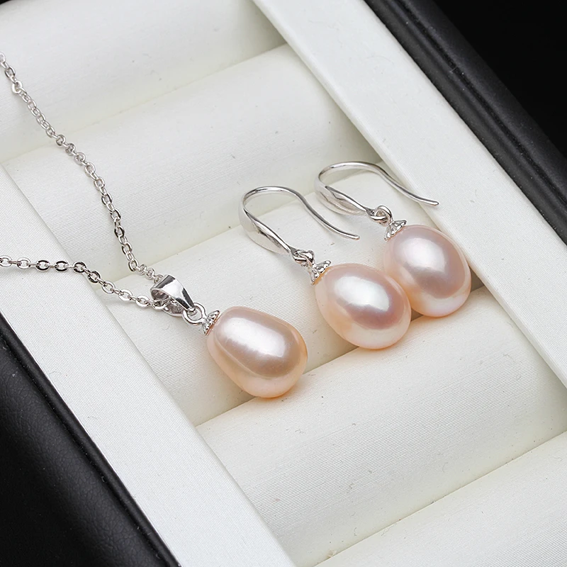 Bridal Natural Freshwater Pearl Earrings And Necklace Set,925 Silver Pearl Jewelry Set Wife Mother Gift White Pink Black view 2