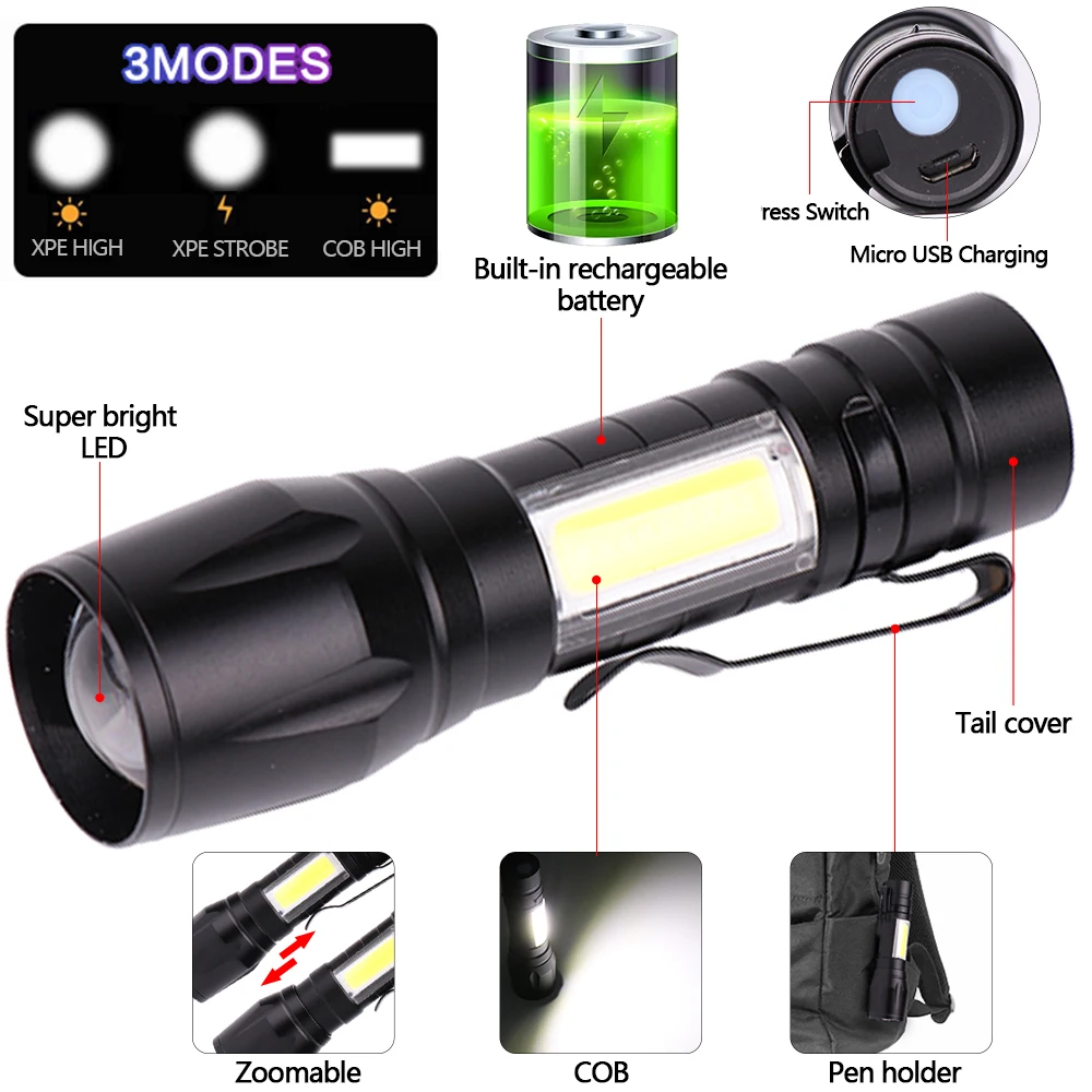 Mini Led Flashlight Built In Battery Zoom Focus Torch Lamp Lantern Adjustable Penlight Waterproof Cob Led Light