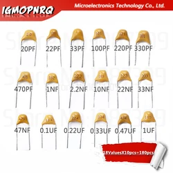 18ValuesX10PCS=180PCS Mono Monolithic Capacitors ,Monolithic Ceramic Capacitor Assortment Kit 20PF-105(1UF) 50V