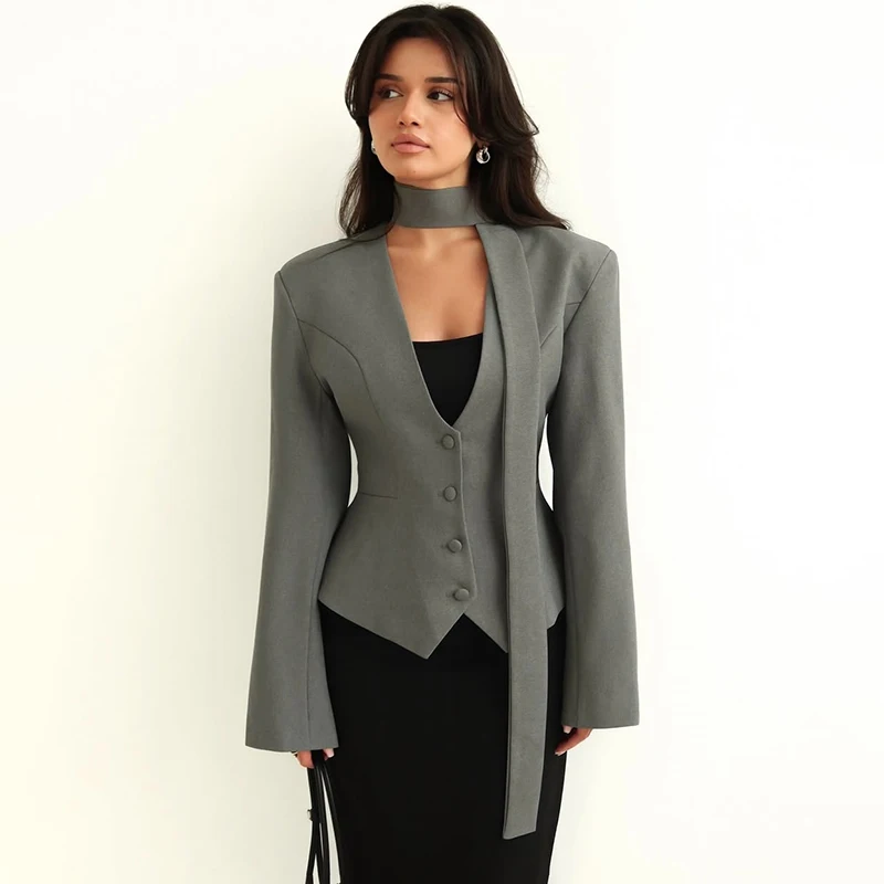 

Ticketsx V Neck Scarf Blazer Jacket Women's Elegant Cinched Waist Single Breasted Full Sleeve Coat Female Casual Slim Blazers