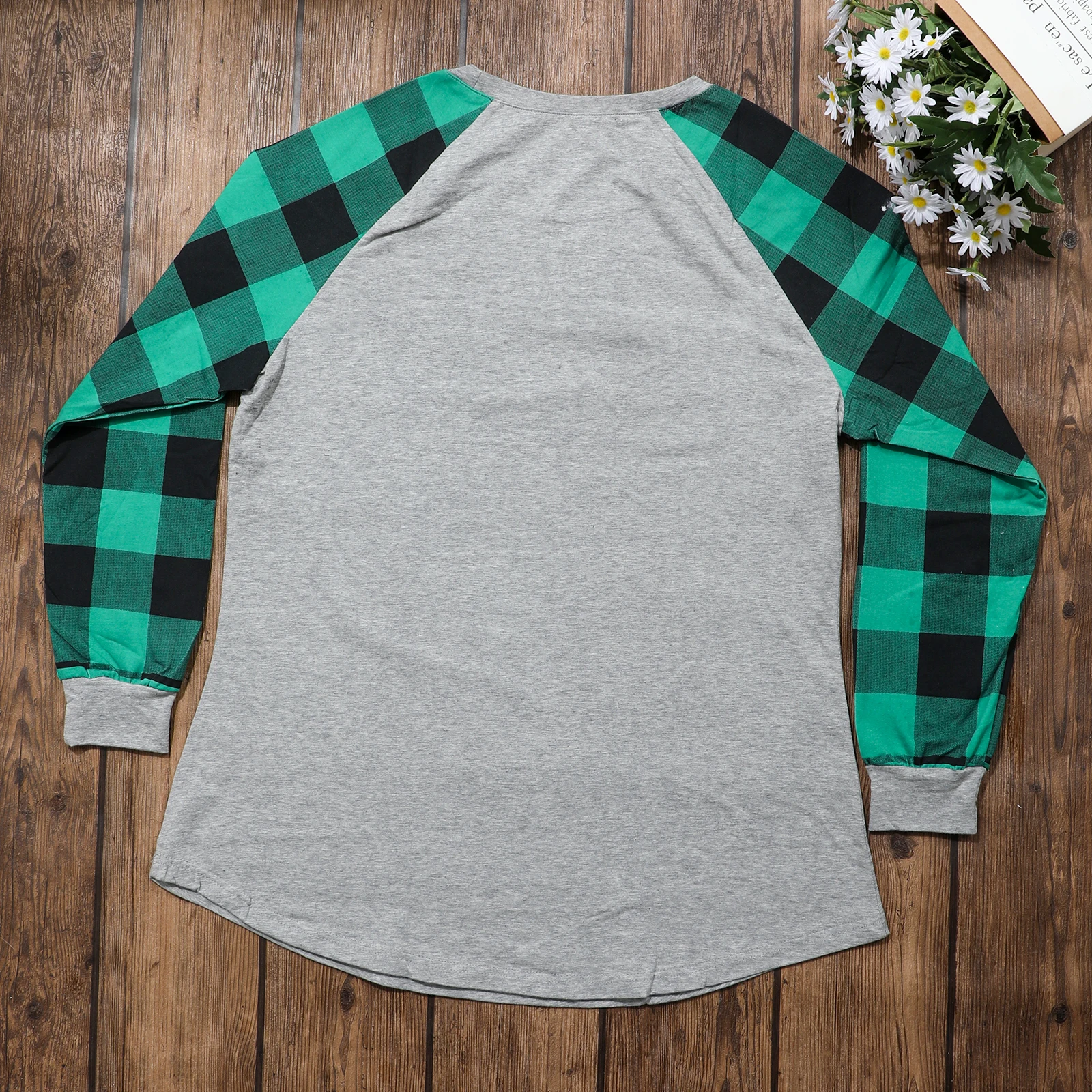 Plaid T-shirt Women Crew Neck Long Sleeve Casual O-neck Tops Floral Tee Splicing Men Buffalo Shirt Blue Green Sweatshirt