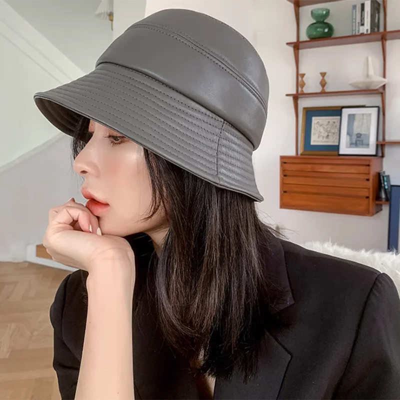 New 2025 Bucket Hat Women Sun Shade 100% Genuine Leather Fisherman Caps Female Chic Casual Grey Basin Casquette Street