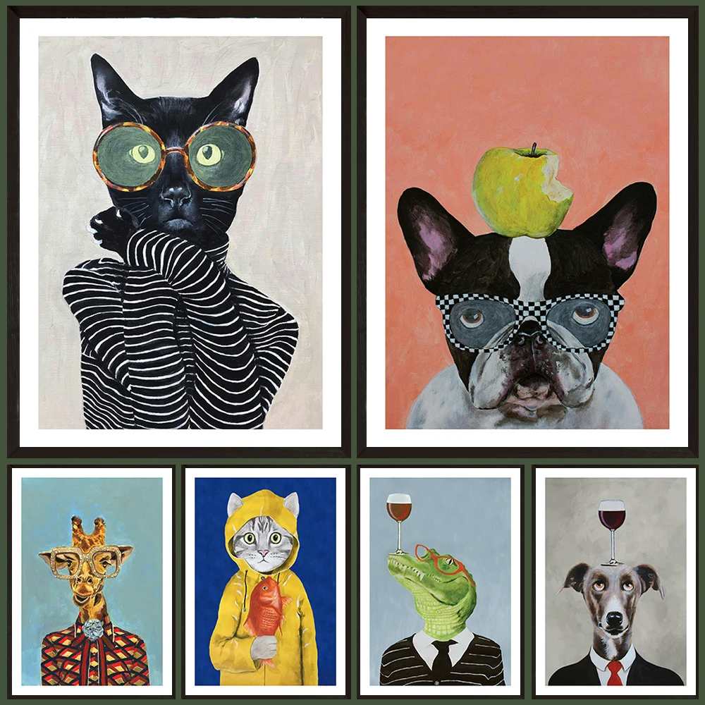 Lustige Haustier-Porträt-Poster Kunstdrucke, Skurrile Verkleidete Tiere Wandkunst Leinwandgemälde Heim-Boutique Kinderzimmer Geschenkeladen Dekoration