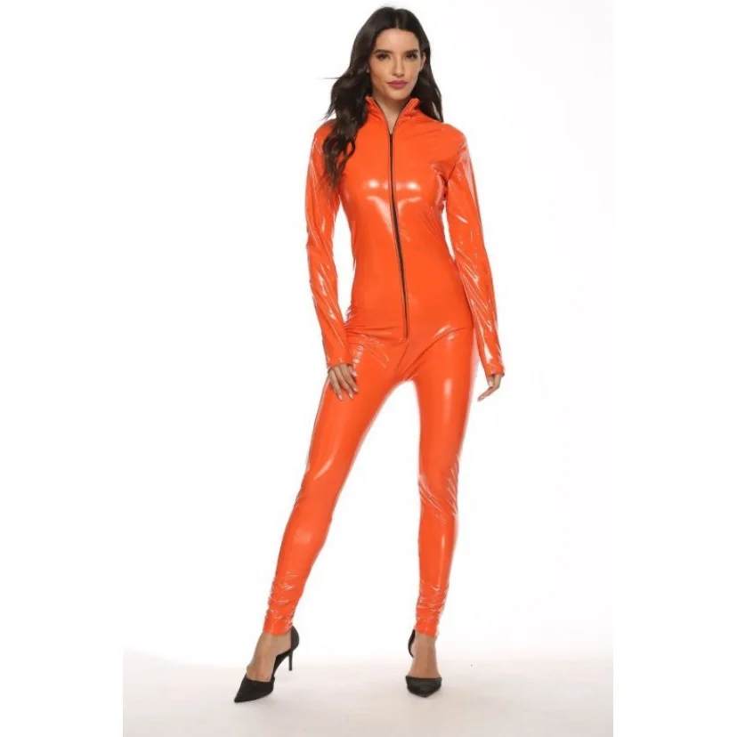 HICOSY PVC Jacket Jumpsuit Leather Pants Women Long Sleeve Sexy Black Red Black Crotch PU Jumpsuit With Zipper Pole Dance Romper