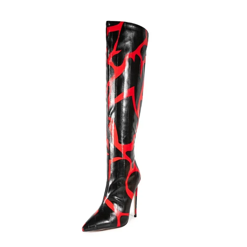 2024 Women's Sexy Stiletto High Heels Color Blocked Zipper Knee Length Boots for European and American Fashion Week Fashion Show