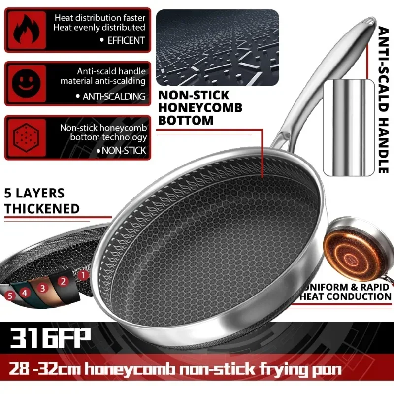 

Nonstick Frying Pan 316L Medical Antibacterial Stainless Steel Pan 28/30/32cm Kitchen Nonstick Cooking Pan Induction