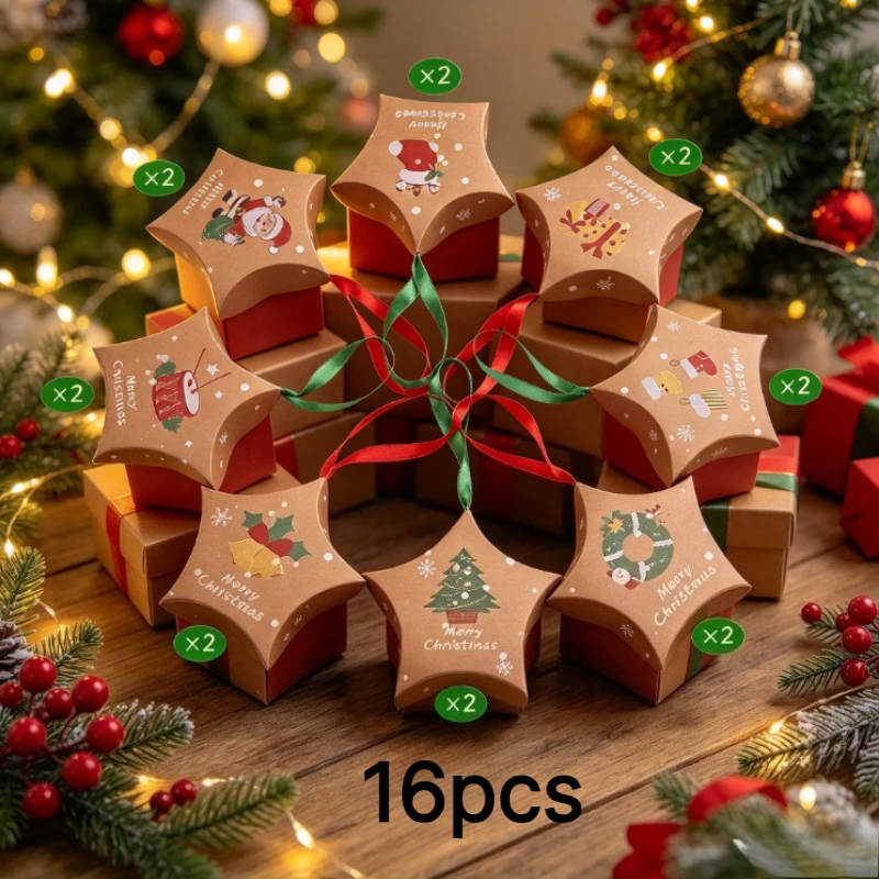 16Pcs Christmas Star Shaped Kraft Candy Boxes with Ribbon, Merry Christmas Print Treat Goodie Boxes for Xmas Party Favor
