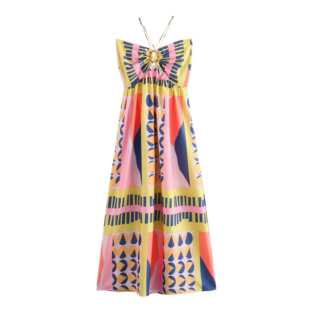 

Women's 2024 New Fashion Beaded Knot Decorative Printed strapless Midi Dress Retro Backless Thin Straps Women's Dress Mujer