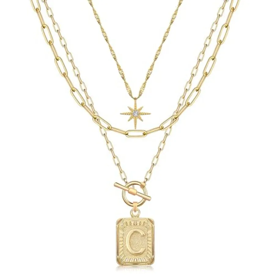 

MJartoria Layered Initial Necklaces for Women Trendy, 14K Plated Brass Simple Star Choker Square Letter Pendant Necklace, Paper