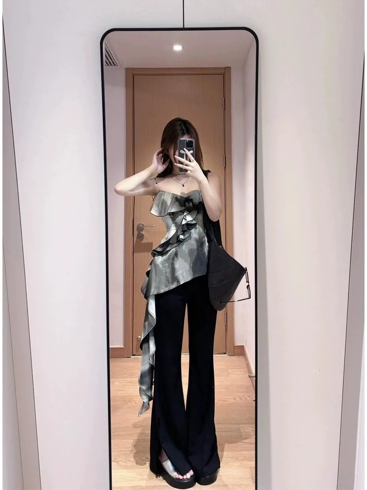 Sweet Spicy Girl Ruffle Strap Crop Top Women Summer Dyed Irregular V-Neck Transparent Ice Silk Mesh Blouse Outerwear