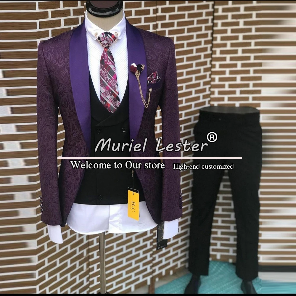 

Purple Wedding Suits For Men Formal Groom Tuxedo Jacquard Pattern Blazer+Black Waistcoat+ Trousers Trajes De Hombre Boda 2022