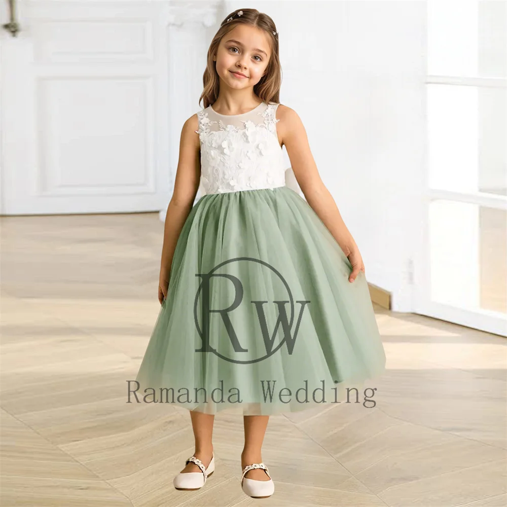 فساتين راماندا مزينة بالدانتيل على شكل حرف a للفتيات بفيونكة ورقبة دائرية بدون أكمام مطوي من التل لحفلات الزفاف فستان فيستدوس دي فيستا مخصص