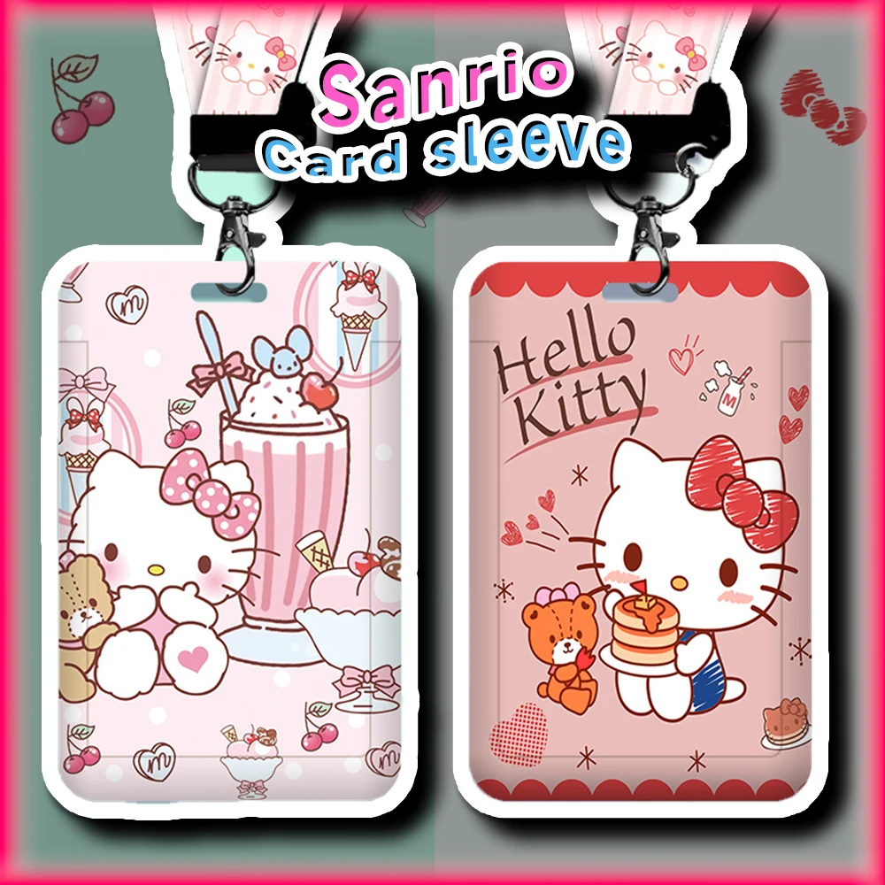 حامل شارة هوية Kawaii Hello Kitty للنساء ، حامل بطاقة الحبل ، كم بطاقة الائتمان ، لطيف ، عمودي ، أنيمي ، سانريو ، فتاة