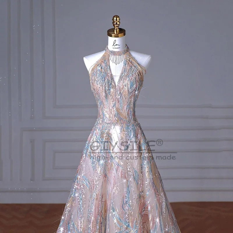 

GIYSILE Customized Hanging Neck V-neck Fringed Sequined Evening Dress 2025 New Sleeveless Luxury Banquet A-line Party Dresses