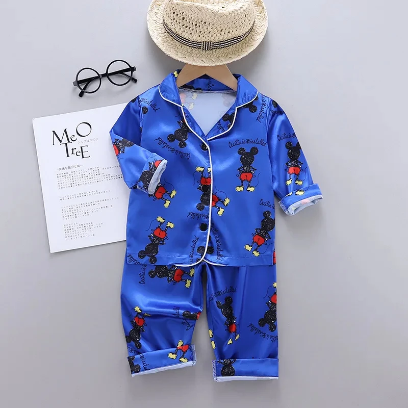 Spring New Toddler Boys Girls Disney Mickey Mouse Silk Satin Pajamas Set Tops+Pants 2pcs Children Cartoon Satin Sleepwear Suit