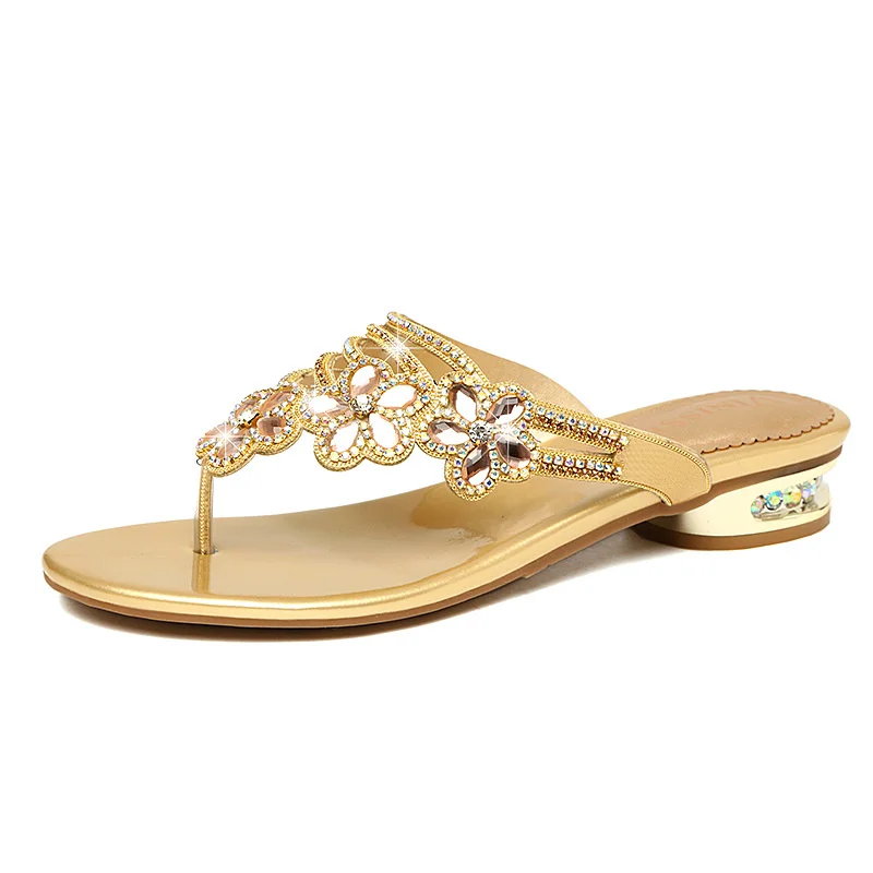 Summer Elegant Open Toe Anti-slip Slides Outdoor High Quality Ladies Fashion Versatile Crystal Diamonds Evening  Flip Flop