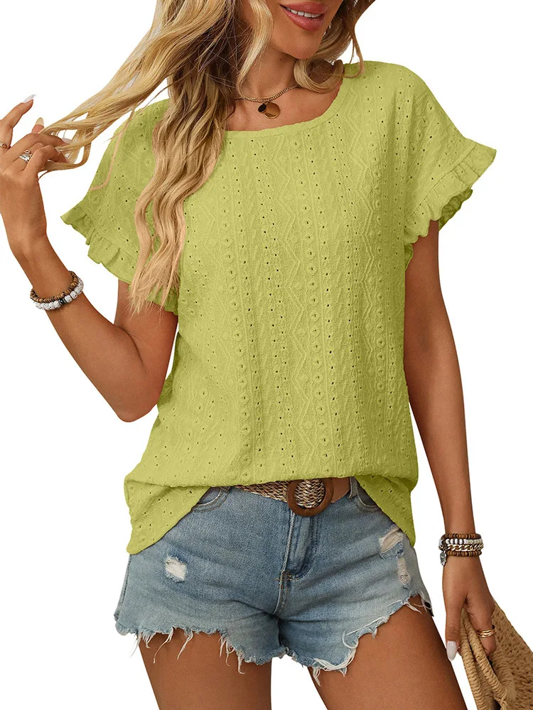 

Sweet Pure Color round Ne ort Sve T-irt Hollow out Design Spring Summer New Arrival Women's Faion Casual Top