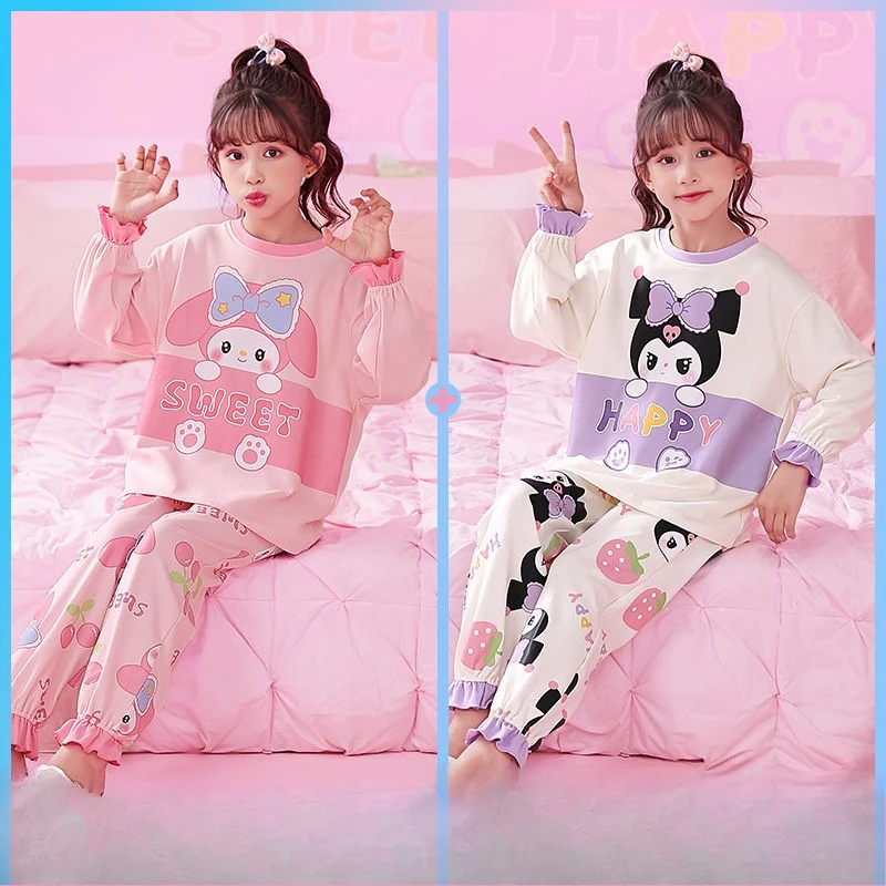 

Kawaii Kuromi My Melody PomPomPurin Hello Kitty Sanrio Lovely Children Pajamas Cartoon Long Sleeve Blouse Trousers Gift for Kids