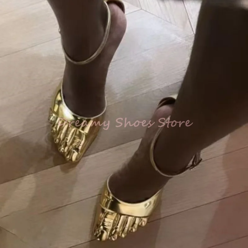 Gold Five Fingers Suede Stiletto Pumps Women Satin Ankle Buckle Strap High Heels Sexy Luxury Party Catwalk Ladies Summer Shoes