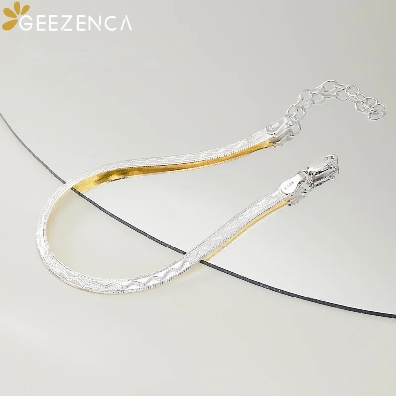 GEEZENCA Italian Jewelry 925 Silver Two Tone Double-sided Flat Bracelet For Women Shiny 3mm Snake Chain Bracelets Party Gift