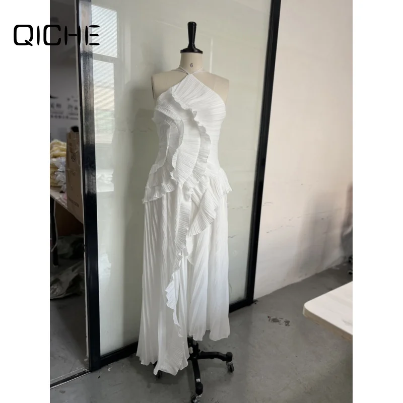 QICHE Women Summer French‑Luxury 3D Halter Tie‑String Asymmetrical Ruffle Slit Pleated Evening Maxi Dress
