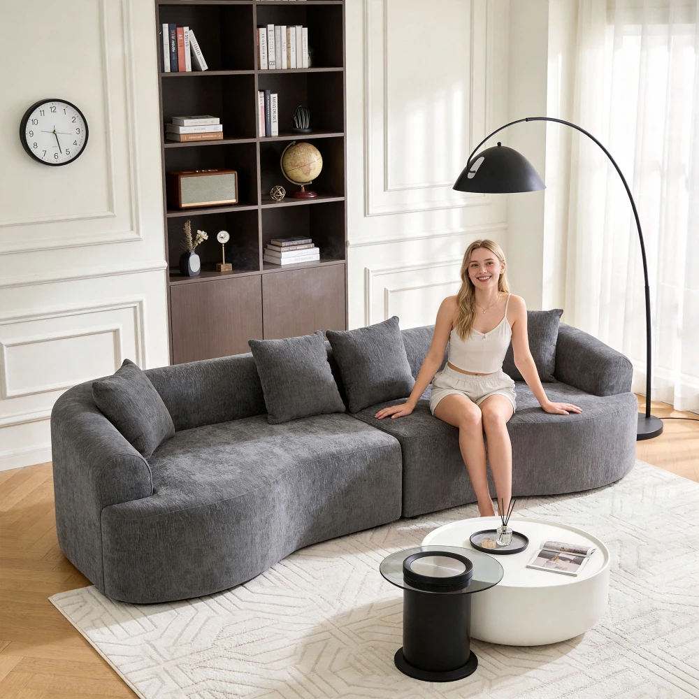 

Curved Boneless Sofa, Compression Modular 106'' Sectional, Grey High-Density Chenille Sleeper for Living Room/Bedroom/Apartment